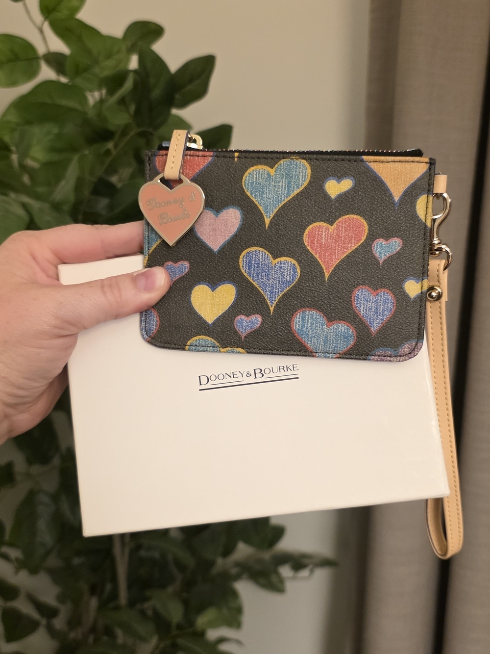 Dooney & Bourke Heart Print Wristlet - Rainbow Hearts & Zipper with Box